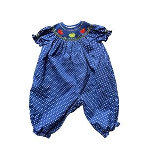 Rosalina Collections Smocked Apple Polka Dot Bubble Romper Blue 18M Toddler